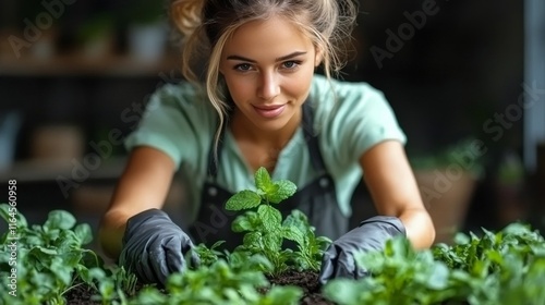 Young woman tending to mint plants in a greenhouse during the afternoon in sp...