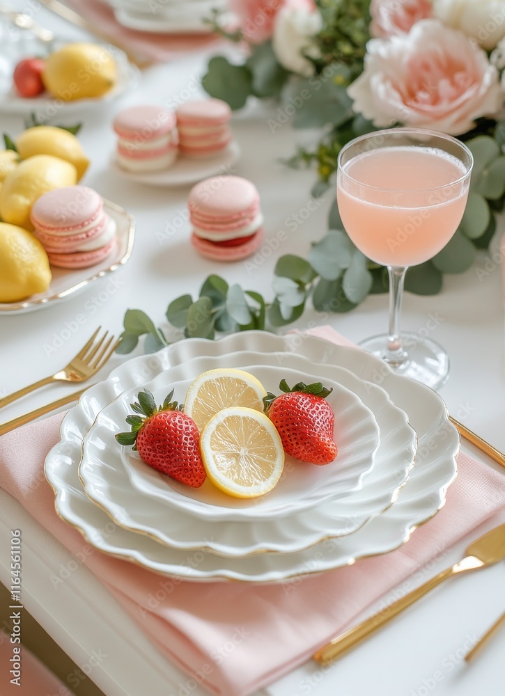 Elegant table setting with dessert and refreshing beverage for a spring gathering Elegant table setting with dessert and refreshing beverage for a spring gathering