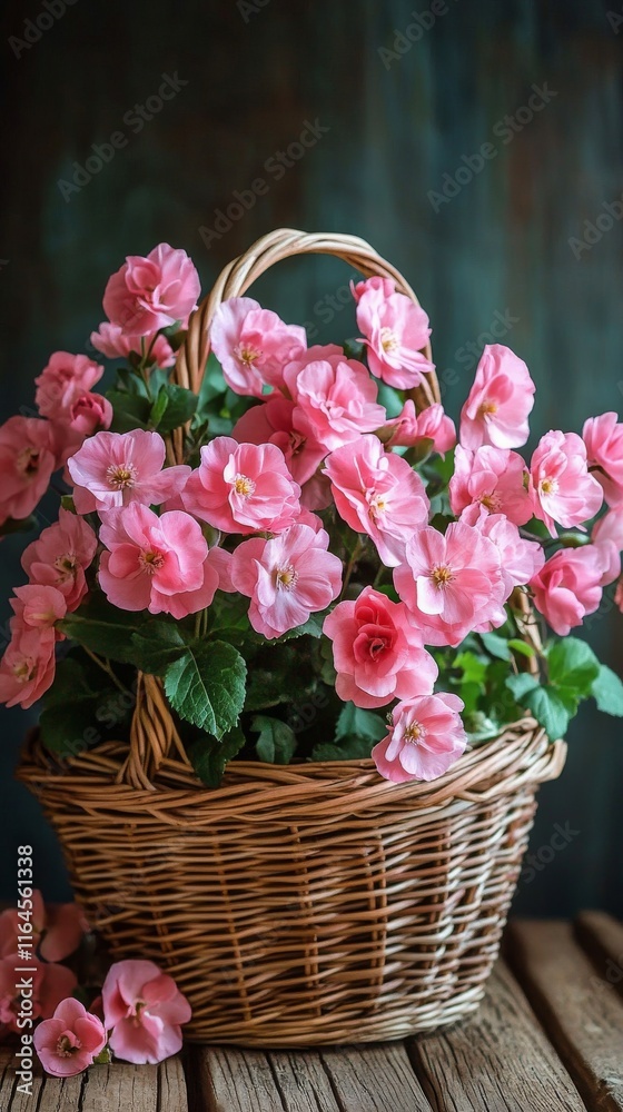 Obraz premium Beautiful pink flowers in a wicker basket on a wooden surface with dark background