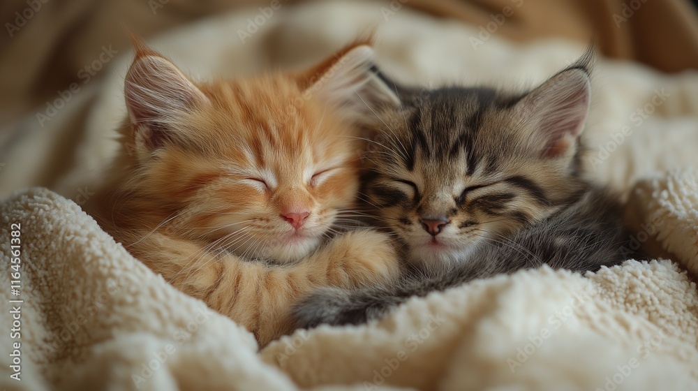 Two fluffy kittens cuddling together on a soft blanket. Warm natural lighting, cozy and tender atmosphere Two fluffy kittens cuddling together on a soft blanket. Warm natural lighting, cozy and tender atmosphere