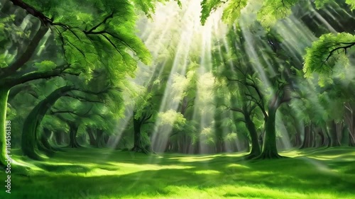 Lush green forest landscape with sun rays filtering through tree canopy