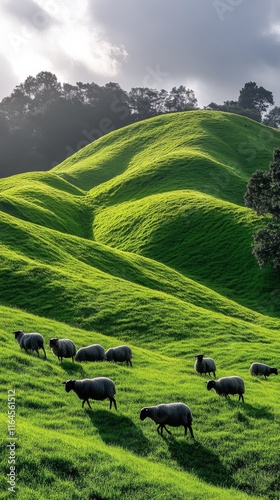 Sheep grazing on lush green hills under a cloudy sky in a tranquil rural land...