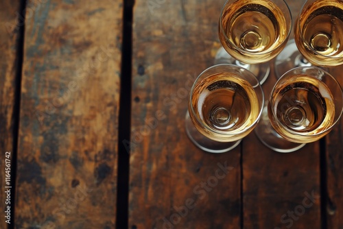Elegant champagne glasses on a rustic wooden table in a cozy setting