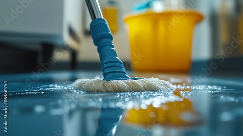 A mop is being used to clean a wet floor