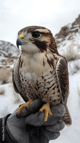 Majestic hawk perched on gloved hand during an autumn day in the forest
