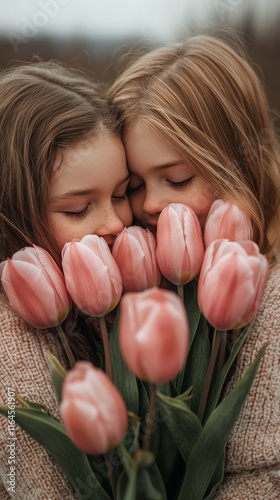 Two friends embracing each other while holding pink tulips in a cozy setting ...