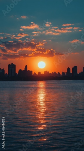 Sunset over city skyline with reflections in water and palm leaves framing th...