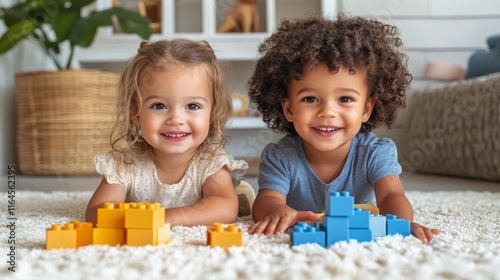 Children play with colorful building blocks on a soft rug in a bright, inviti...