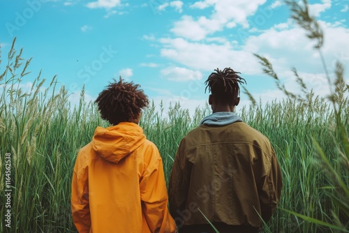 Couple enjoying nature walk through tall grass during overcast afternoon