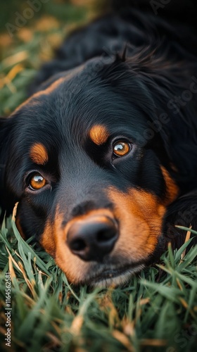 Relaxed dog resting on green grass in a sunny park during the afternoon