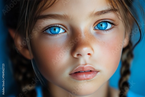 Young girl with stunning blue eyes poses with braided hair against a neutral ...