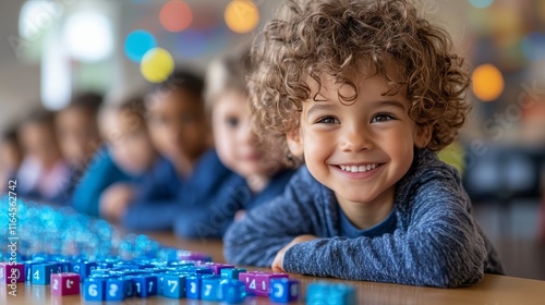Five children are smiling while playing with bright counting blocks arranged ...
