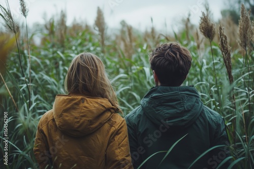 Couple enjoying nature walk through tall grass during overcast afternoon