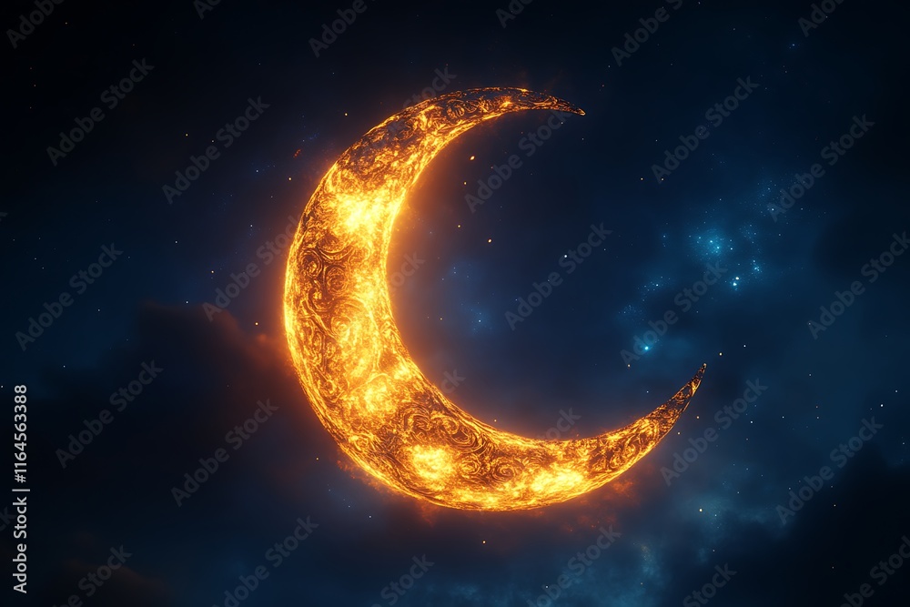 Fiery crescent moon in starry night sky. Fiery crescent moon in starry night sky.