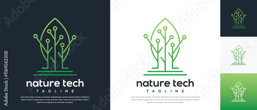 Green leaf technology logo design template. Nature leaf digital technology logo design vector icon