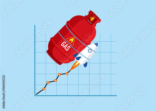 Rocket with gas cylinder flying high up into the sky. Price skyrocket reaching record. Modern flat style vector illustration