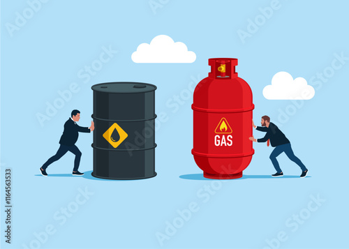 Businessman exchange oil on gas. Partners holding oil barrel and gas cylinder. Sale of petroleum products, fuels and gas. Modern flat vector illustration.