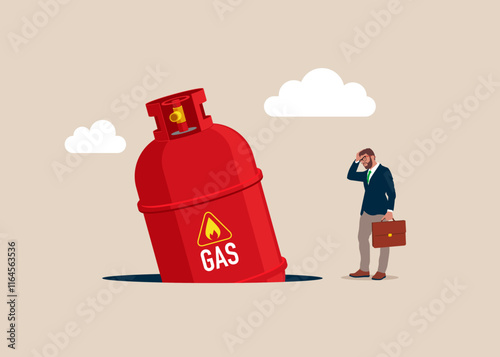 The Gas cylinder fell into a pit. Danger. Gas price falls down. Low demand. Gas price crisis, risk from energy or oil company stock. Flat vector illustration 