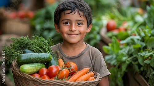 Young boy smiles while holding a basket of fresh vegetables in a vibrant gard...