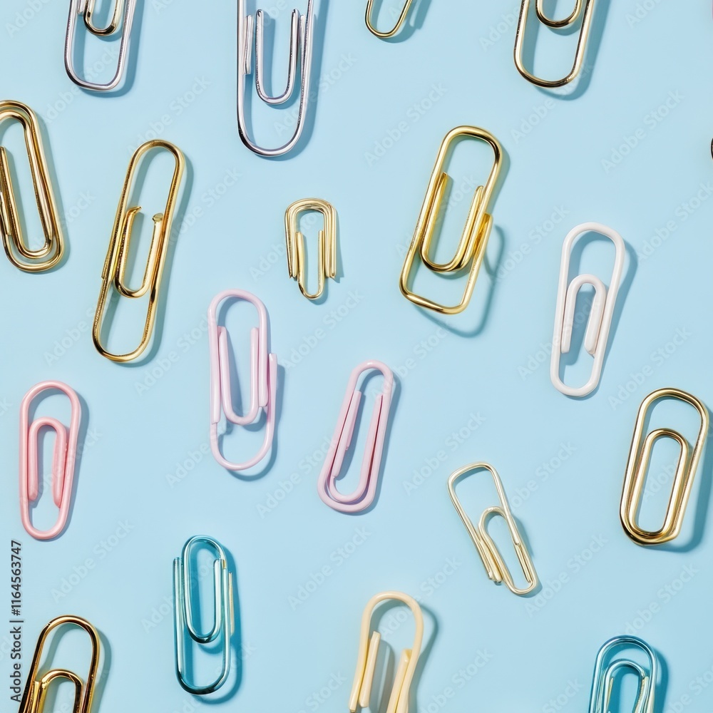 Colorful paperclips scattered on a light blue background. (2) Colorful paperclips scattered on a light blue background. (2)