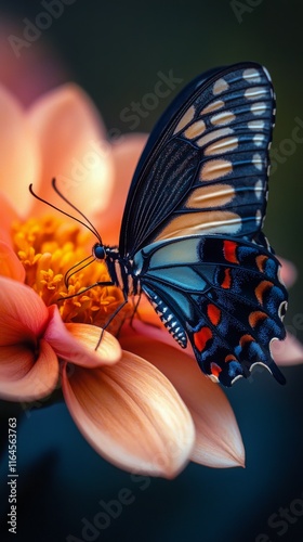 Beautiful butterfly resting on a pink flower in a vibrant garden during the d...