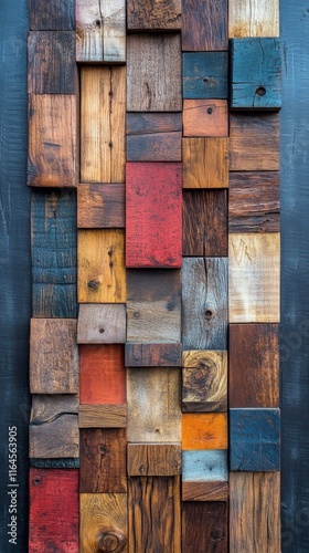 Colorful wooden blocks arranged in a vertical pattern, showcasing natural tex...