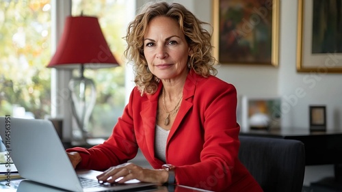 Una mujer de negocios con una chaqueta roja sentada en una mesa con un laptot, trabajando en un proyecto de marketing digital photo