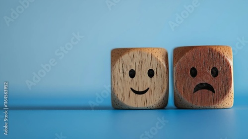 Dos dados de madera con símbolos de cara triste y feliz sobre un fondo azul photo