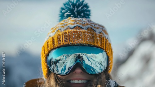 Imagen de una persona con ropa de invierno, incluido un gorro de punto con un patrón amarillo y blanco y un pompón azul, y gafas de esquí reflectantes. photo