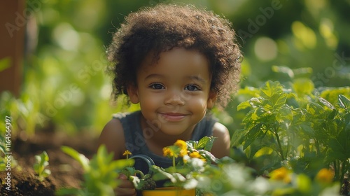 Child planting flowers in a garden during springtime with a yellow watering can