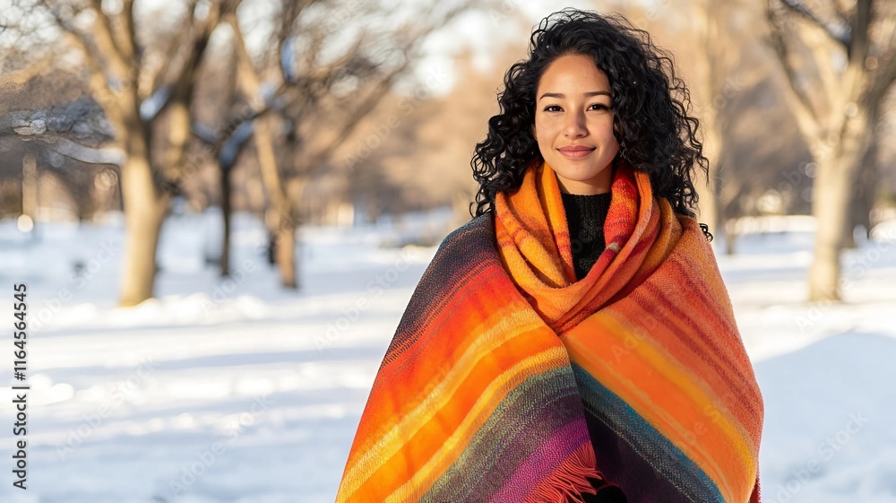 Mujer sonriente vistiendo un elegante abrigo de invierno con una bufanda tejida y guantes Mujer sonriente vistiendo un elegante abrigo de invierno con una bufanda tejida y guantes