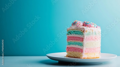 pastel de capas de helado con coloridos detalles de glaseado, dispuesto sobre un elegante plato blanco photo