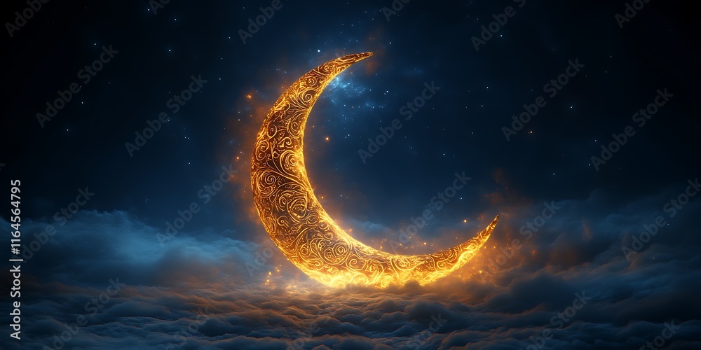 Fiery crescent moon above clouds. Fiery crescent moon above clouds.