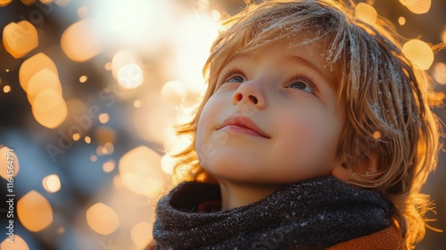 Child gazes upward with wonder while light filters through the window in a co...