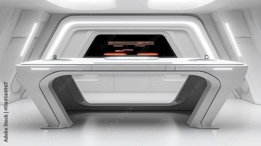 Futuristic white control room with sleek console. Futuristic white control room with sleek console.