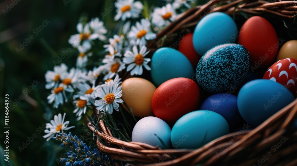 A basket full of eggs and flowers A basket full of eggs and flowers