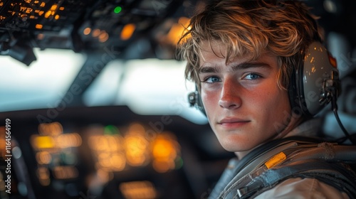 Young pilot in cockpit with control panel illuminated during sunset