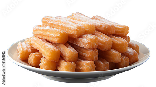 A fresh batch of golden, crispy churros coated in sugar, perfect for a sweet indulgence, studio view, isolated on transparent background. photo