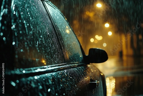 Raindrops glisten on a parked car during a nighttime storm in an urban setting