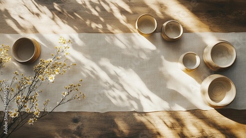 Mesa rústica ordenada con diferentes elementos florales photo