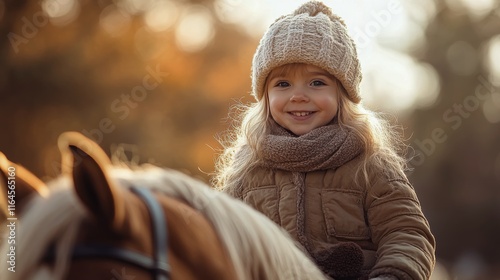 Smiling child wearing winter clothing rides a horse during a sunny afternoon ...