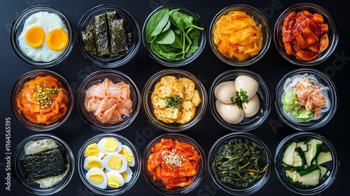 Guarniciones de comida coreana y asiática en platos circulares sobre superficie negra
