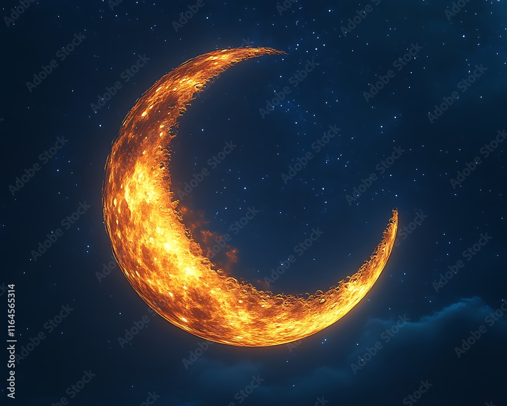 Fiery crescent moon in night sky. (3) Fiery crescent moon in night sky. (3)