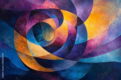 Abstract colorful painting featuring swirling shapes in vibrant hues