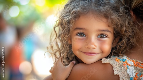 Happy child with curly hair smiling warmly in a vibrant indoor setting