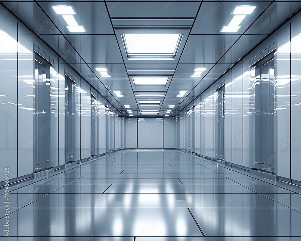 Obraz premium Futuristic metallic corridor with reflective floor and ceiling lights.