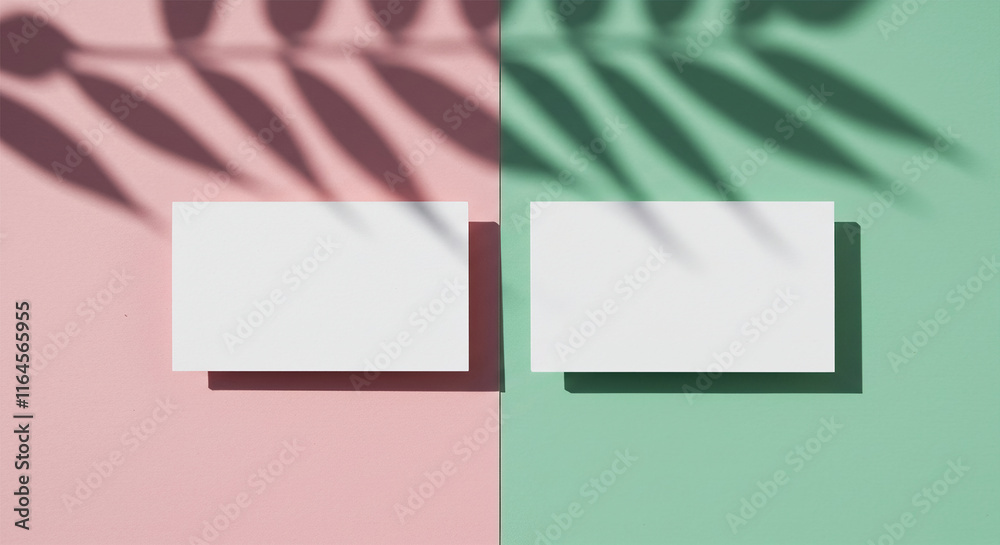 Two white rectangle business card mockups with soft shadows of tree leaves on diagonally divided duo tone pink and green paper background. Flat lay, top view Two white rectangle business card mockups with soft shadows of tree leaves on diagonally divided duo tone pink and green paper background. Flat lay, top view