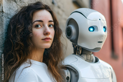 Human and AI robot side by side, waiting for an opportunity, showcasing the merging of technology and humanity photo