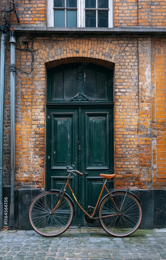 Bicycle resting against an old green door in a historic urban setting with brick architecture Bicycle resting against an old green door in a historic urban setting with brick architecture
