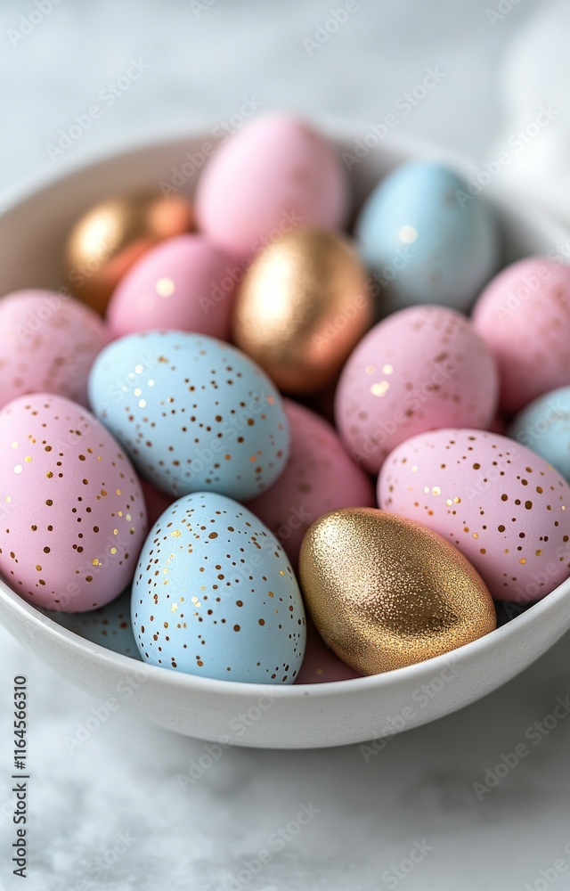 Fototapeta premium Festive pastel eggs arranged in a decorative bowl for Easter celebration